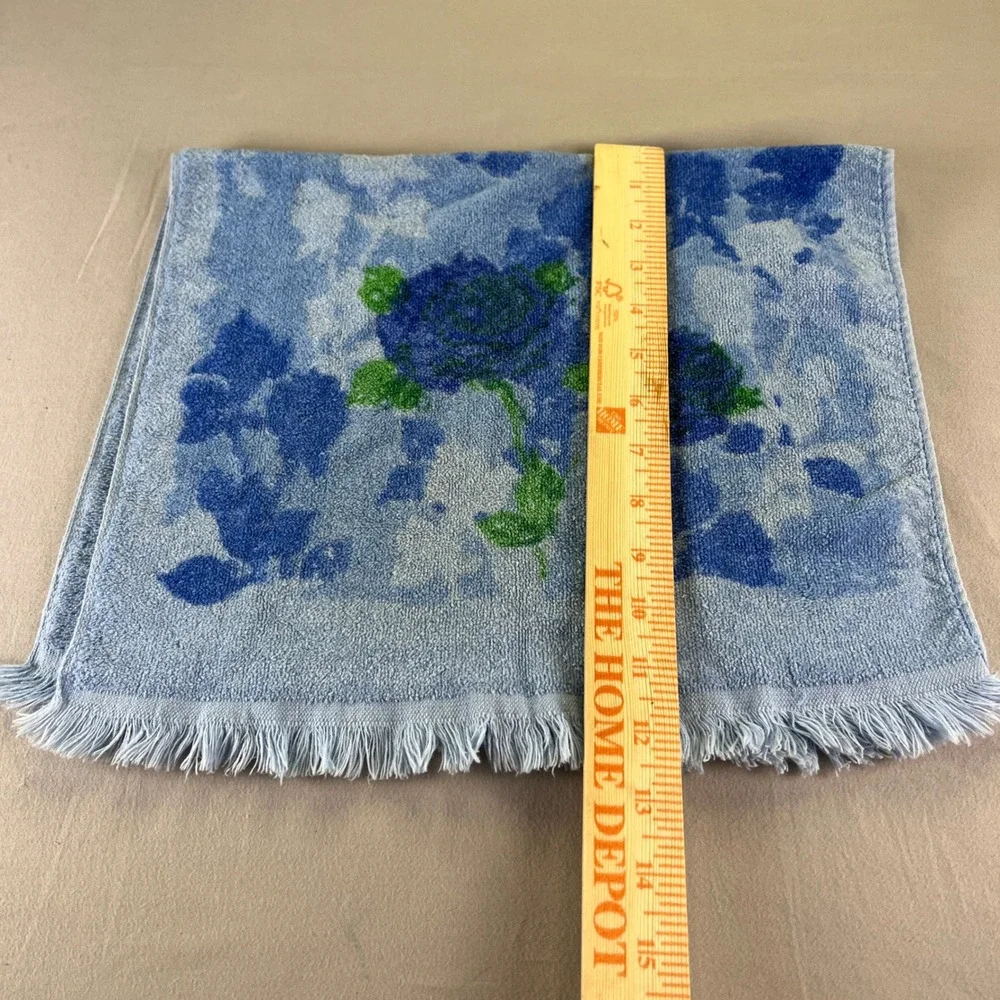 Vintage Cannon Hand Towel and bath Blue Rose Floral Cotton Fringed Made in USA